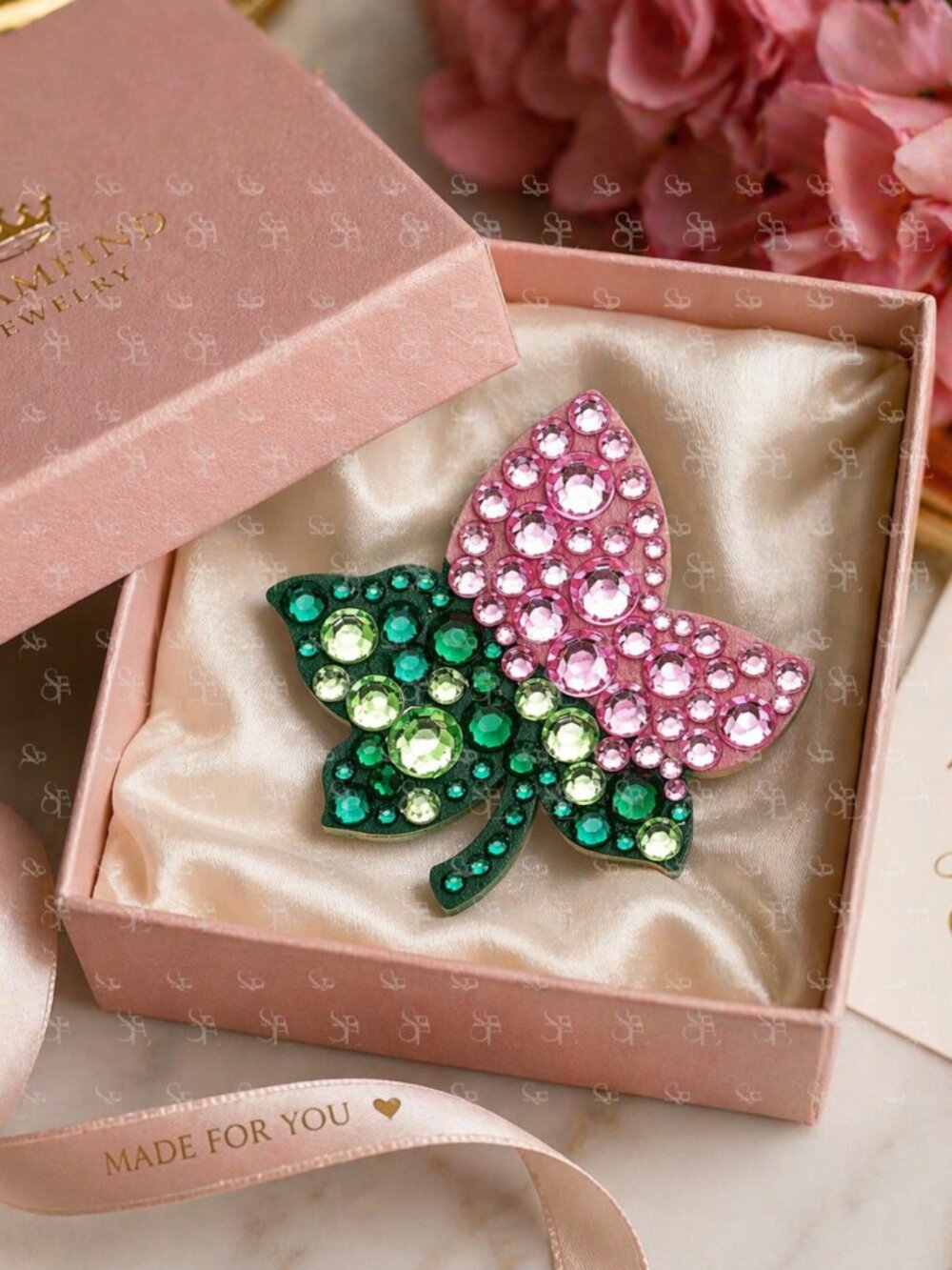 Pink Green Leaf Brooch D9 Inspired Statement Pin
